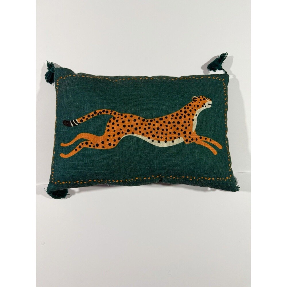 Green Embroidered Cheetah Luxury Decorative Pillow with Tassels, Rectangular